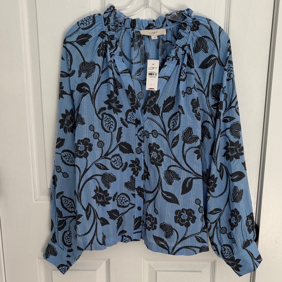 LOFT Blue and Brown/Gray Floral Button Front Blouse - Picture 1 of 6
